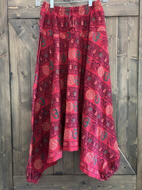 Handmade Nepal Harem Pants Red Om Print 100% Cotton Boho Yoga Festival OS